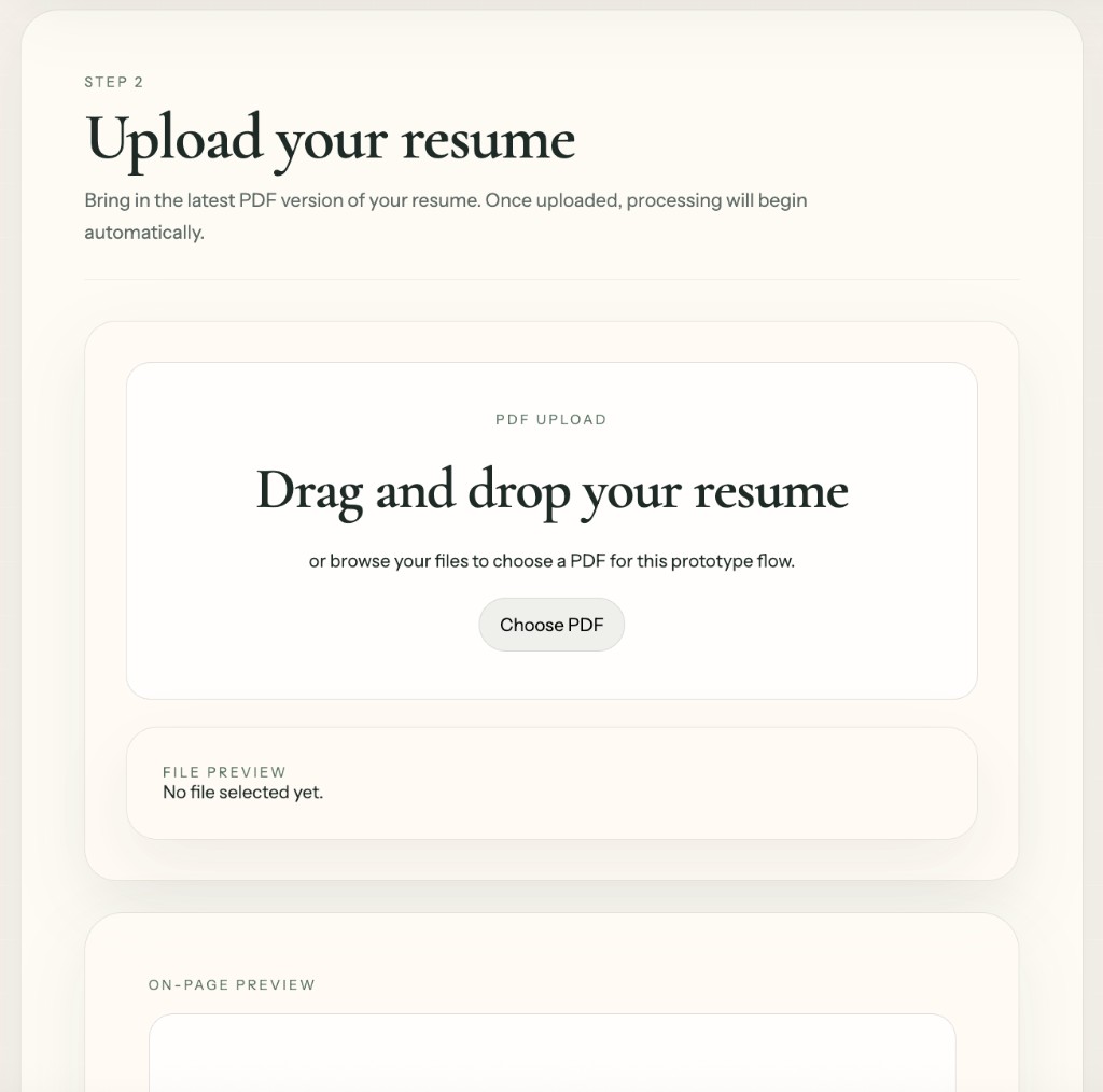 Revue resume upload step with drag-and-drop PDF upload area.